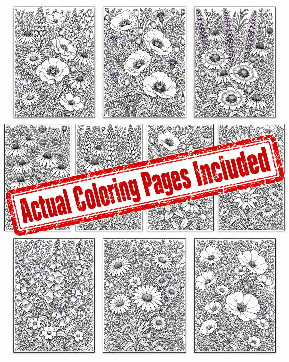 Digital Coloring Pages, Adult Coloring Art, Wildflowers, Relaxation