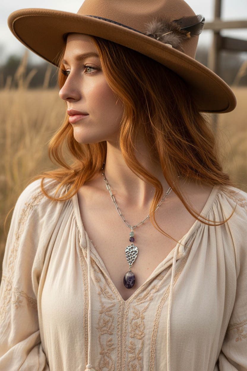 Paperclip Necklace, Steel Gemstone, Amethyst & Burma Jade