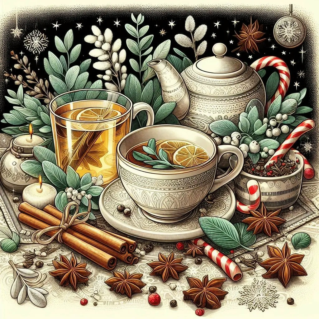 Illustration of a cozy tea scene with a teapot, cup, and various tea accessories.