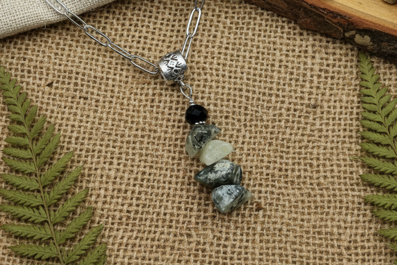 Paperclip Necklace, Steel Gemstone, Green Prehnite