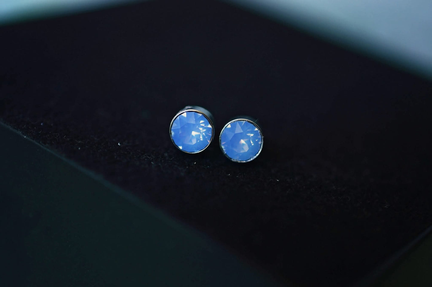 Air Blue Opal Swarovski 6.3mm Steel Bezel Stud Earrings, Clearance
