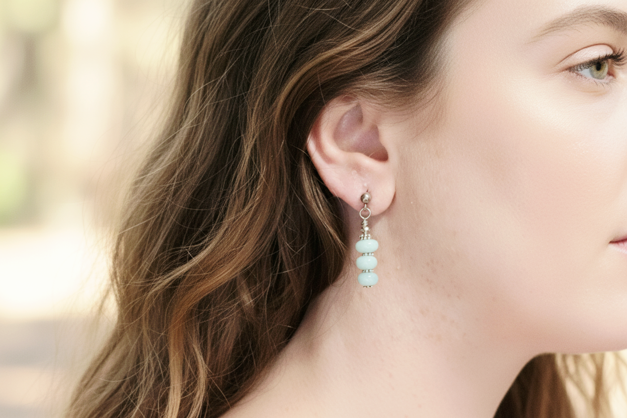 Amazonite Earrings, Steel, Hypoallergenic, Sensitive Skin, Gemstone Ball Post, Light Teal