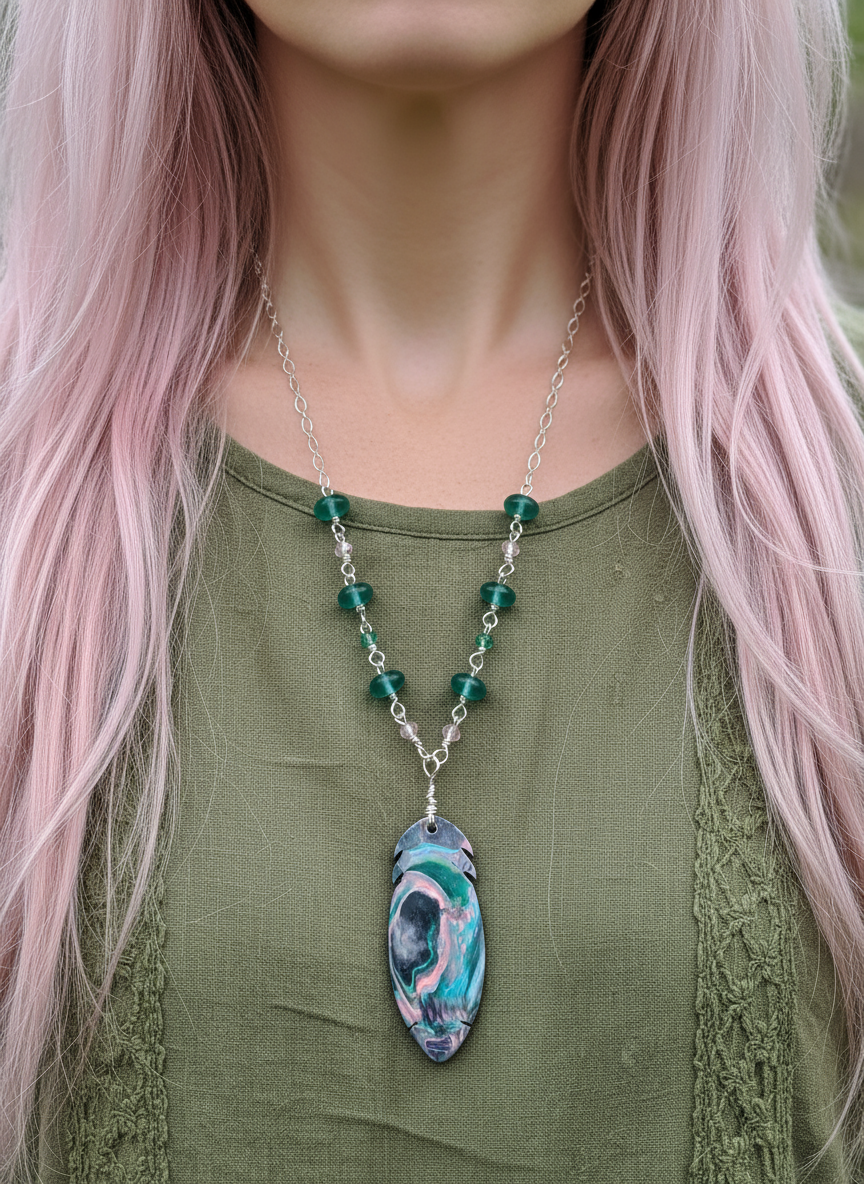 Sterling Silver Handpainted Feather Necklace, Healing Jewelry, Wood, Seaglass, Czech Beaded