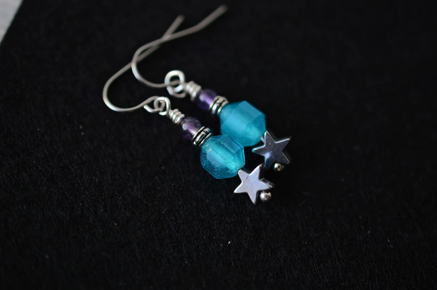 Amazonite & Amethyst Star Earrings, Steel Earrings, Gemstone Earrings, Fishhook, Cathedral Beads. French Hook