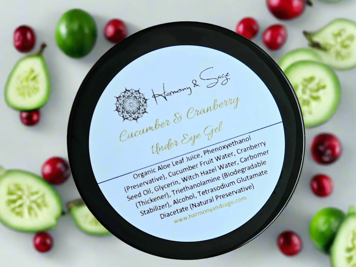 Jar of 'Cucumber & Cranberry' under eye gel with a label on a wooden surface