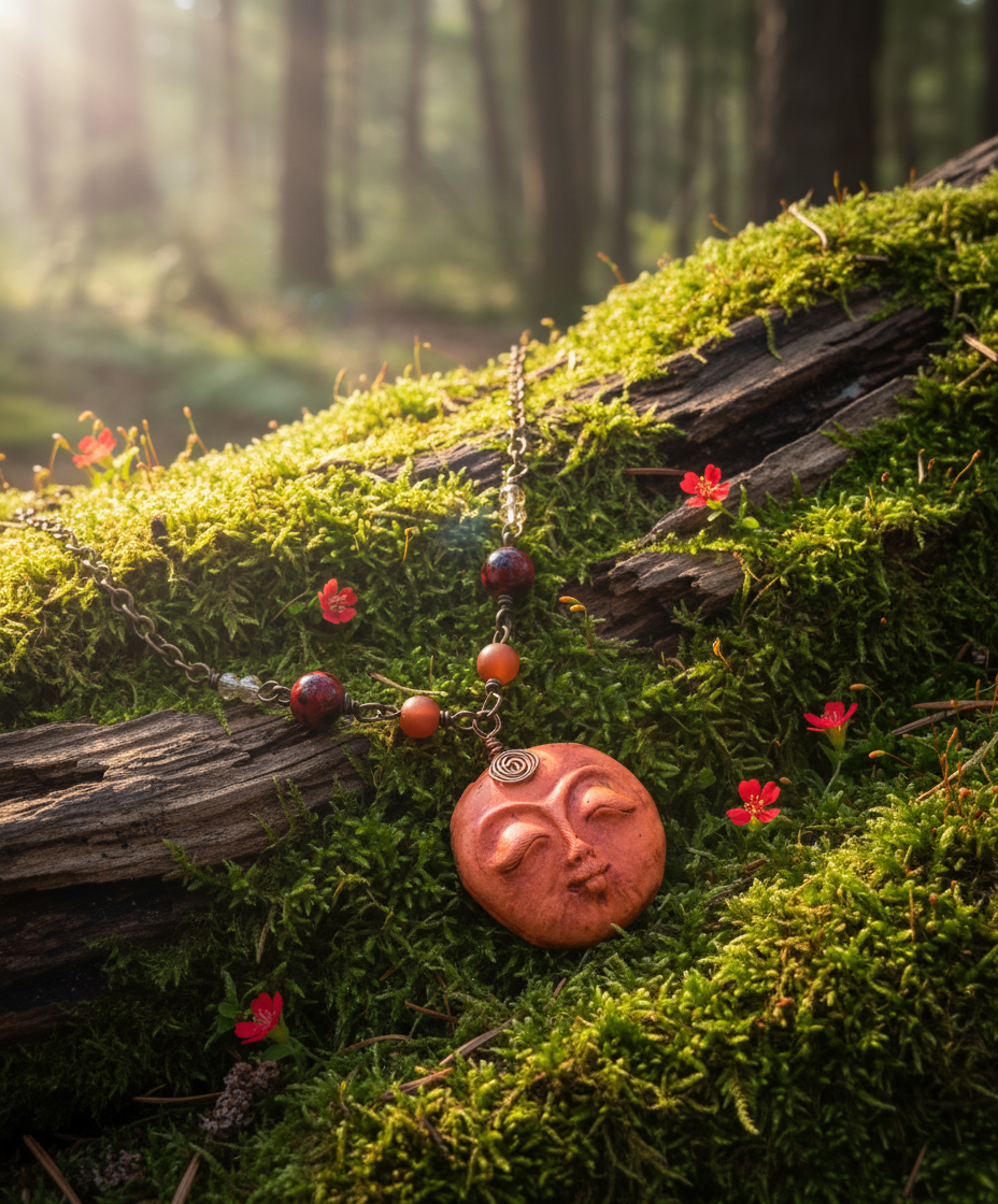 Handmade Moon Face Polymer Clay Copper Necklace, Carnelian, Beaded
