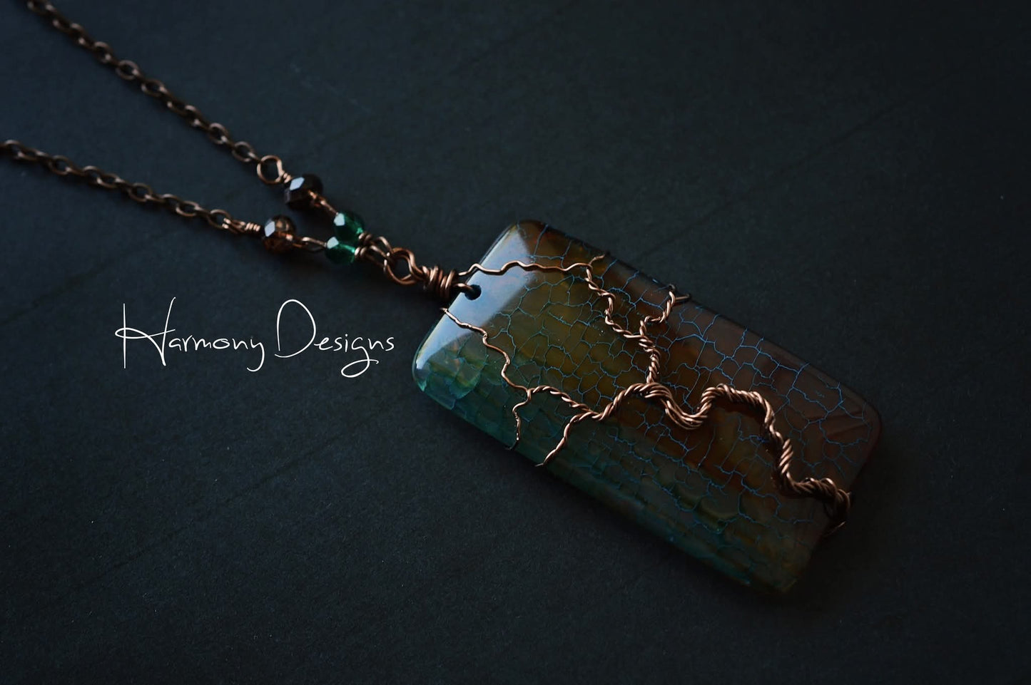 Copper Tree of Life Agate Necklace, Wire Wrapped, Gemstone