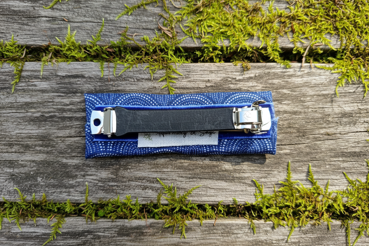 Blue Scallops Boho French Hair Clip, Fabric Clip, 3.25 Inch, Rectangle, Leather Lined Barrette - Harmonyandsage