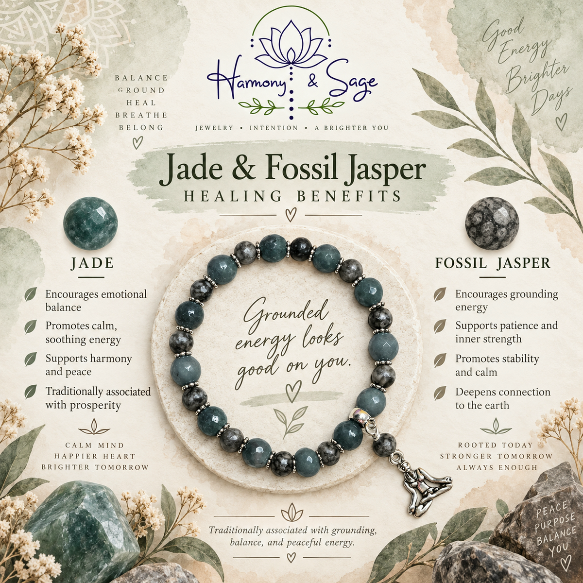 Jade & Fossil Jasper Healing Gemstone Bracelet, Yoga Stretch Bracelet