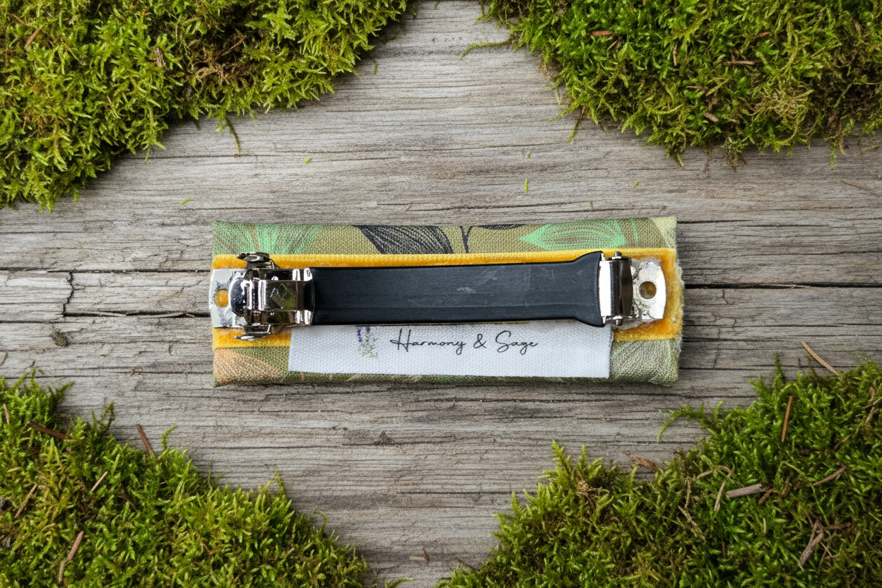 Green Leaves Fabric French Hair Clip, Large Fabric Clip, 3.5 Inch, Green Rectangle, Leather Lined Barrette