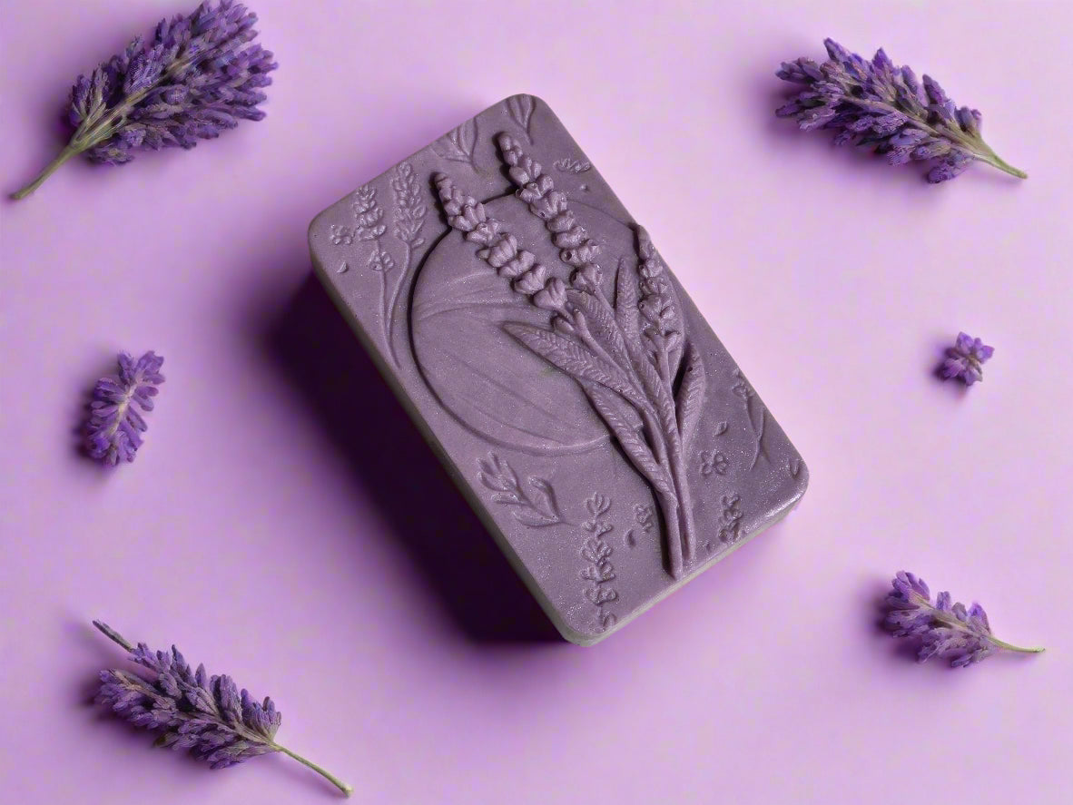 Purple soap bar with lavender design on a wooden surface