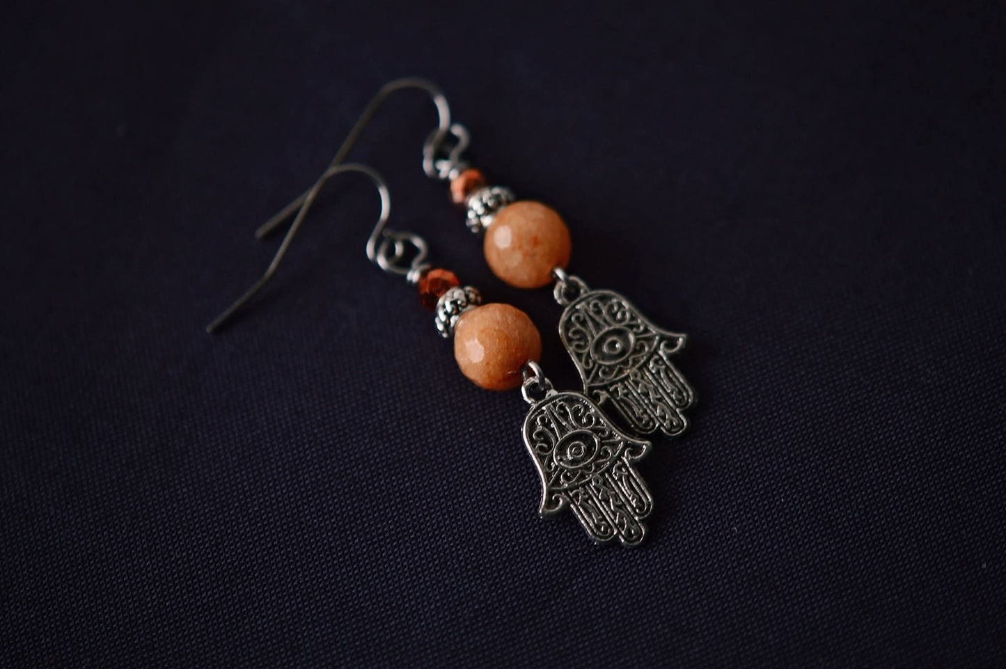Peach Jade Hamsa Earrings, Steel, Hypoallergenic, Sensitive Skin