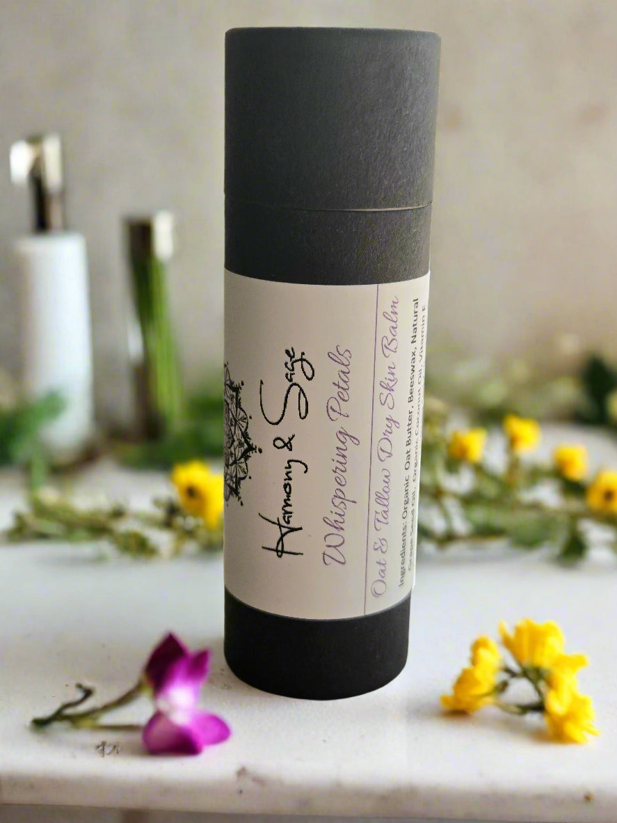 Skincare balm tube with a label on a wooden surface