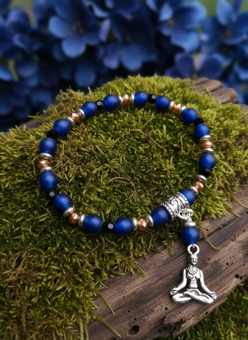 Cobalt Blue Yoga Stretch Bracelet, Sea Glass, Czech Beaded Bracelet