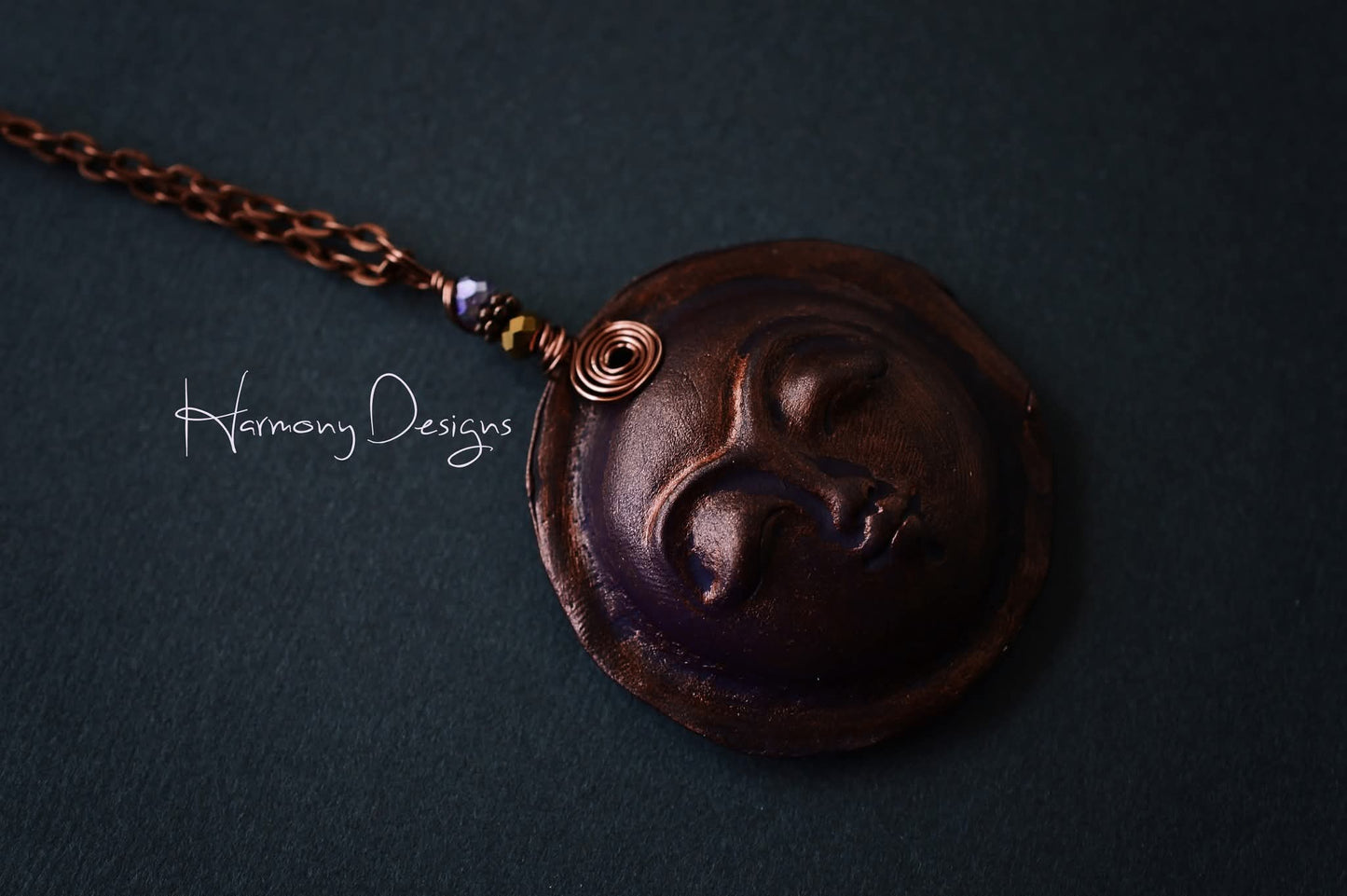 Polymer Clay Moon Goddess Copper Necklace, Bohemian Style Jewelry, Handmade
