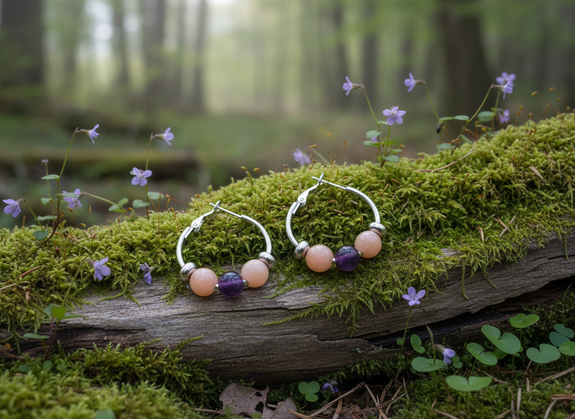 Peach Moonstone & Amethyst Steel Beaded Hoop Earrings