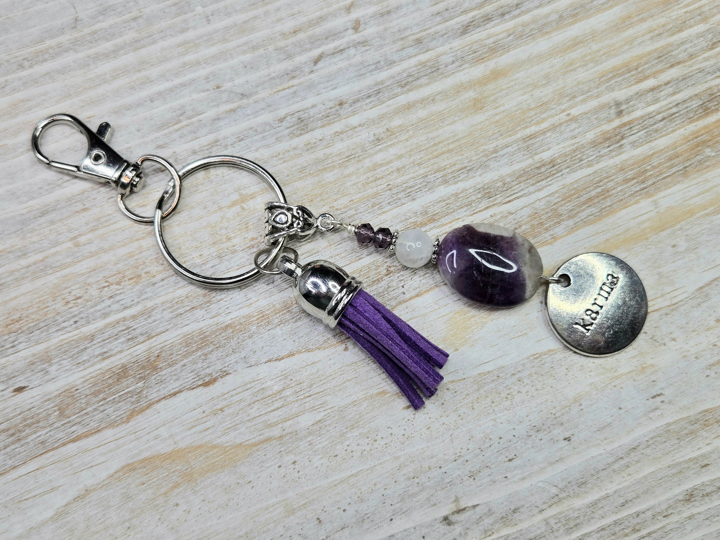Keychain, Purse Charm, Gemstone Beaded Chain, Zipper Pull, Karma Amethyst, Moonstone, Purple Tassel