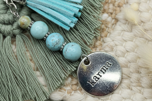 Keychain, Purse Charm, Gemstone Beaded Chain, Zipper Pull, Karma Light Cream Turquoise, Light Blue Tassel