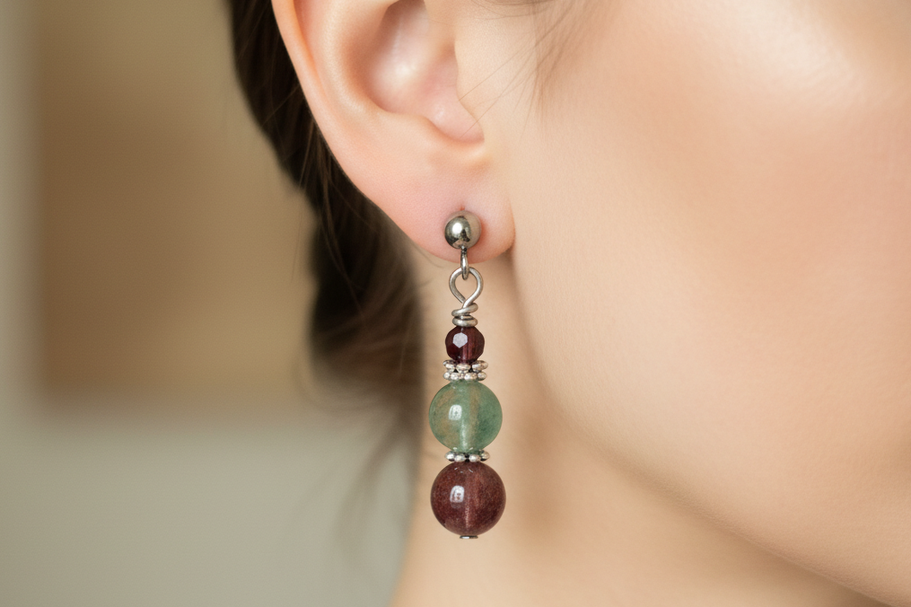 Strawberry Quartz Earrings, Steel, Hypoallergenic, Sensitive Skin, Gemstone Ball Post
