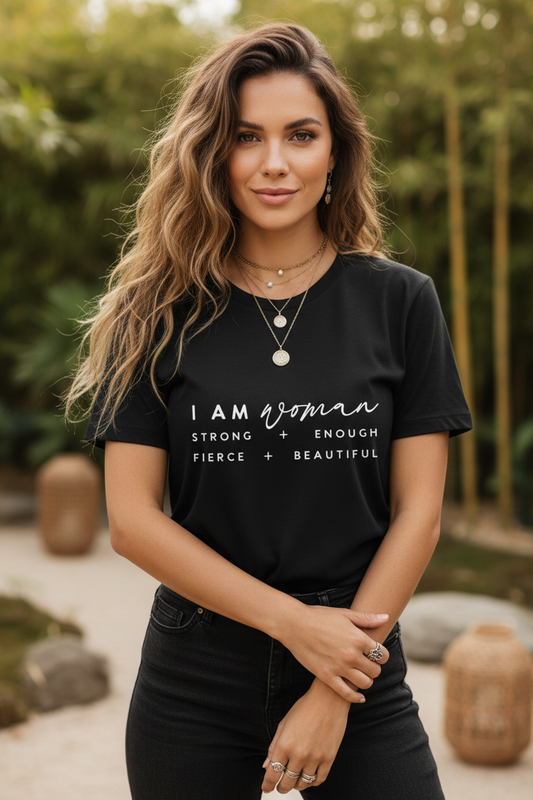 Empowering Woman T-Shirt | I Am Woman Strong + Fierce + Beautiful | Gift for Her, Feminist Apparel, Casual Wear, Motivational Tee