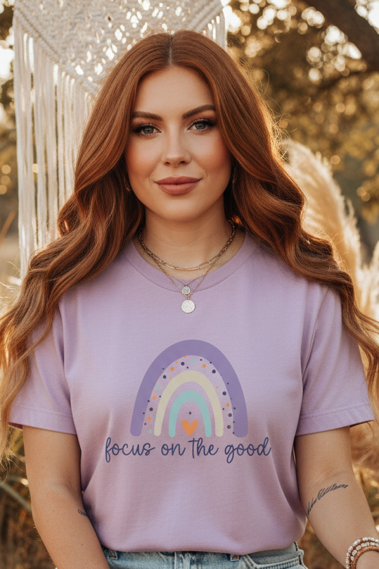 Rainbow Inspirational Tee - Focus on the Good | Positive Vibes T-Shirt, Casual Wear, Gift for Her, Motivational Shirt, Everyday Top