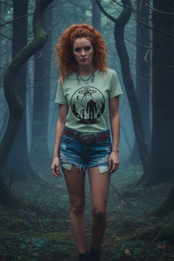Mystical Bigfoot & Alien Tee - Unisex Jersey Shirt for Adventure Lovers, Nature T-Shirt, Gift for UFO Enthusiasts, Outdoorsy Style