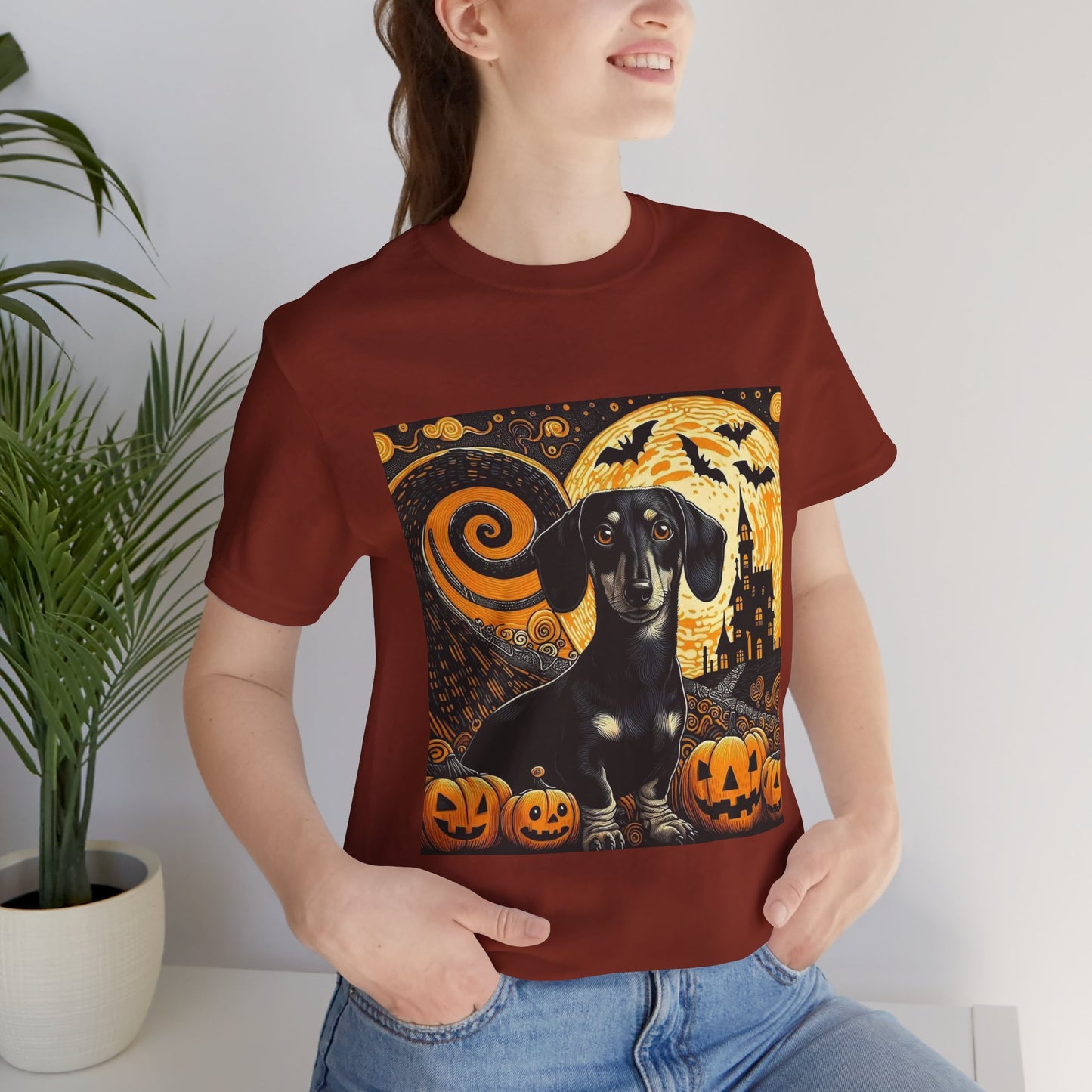 Halloween Dachshund Graphic Tee, Spooky Dog Shirt, Fall T-Shirt, Cute Pet Lover Gift, Unisex Halloween Apparel, Pumpkin Halloween Top