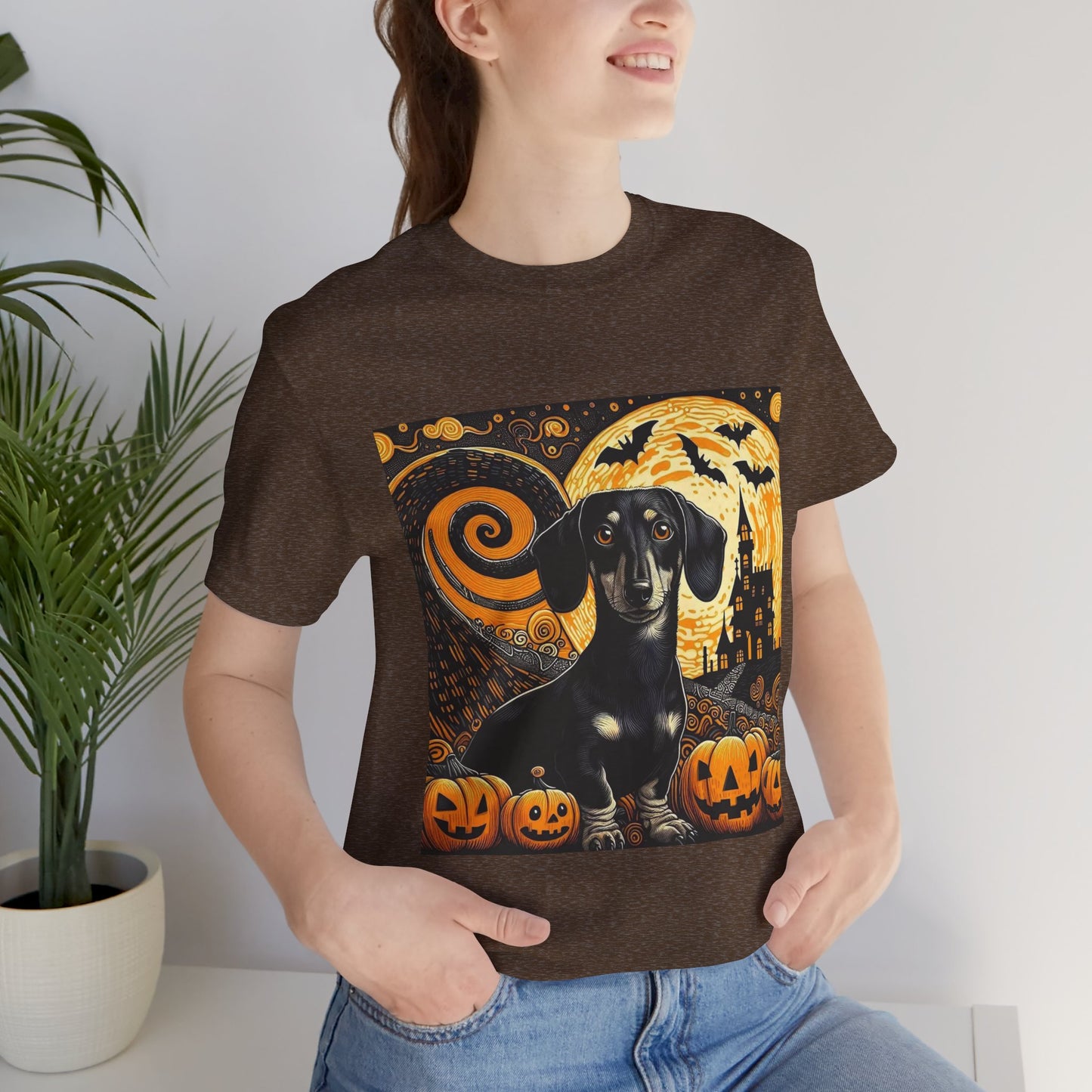 Halloween Dachshund Graphic Tee, Spooky Dog Shirt, Fall T-Shirt, Cute Pet Lover Gift, Unisex Halloween Apparel, Pumpkin Halloween Top