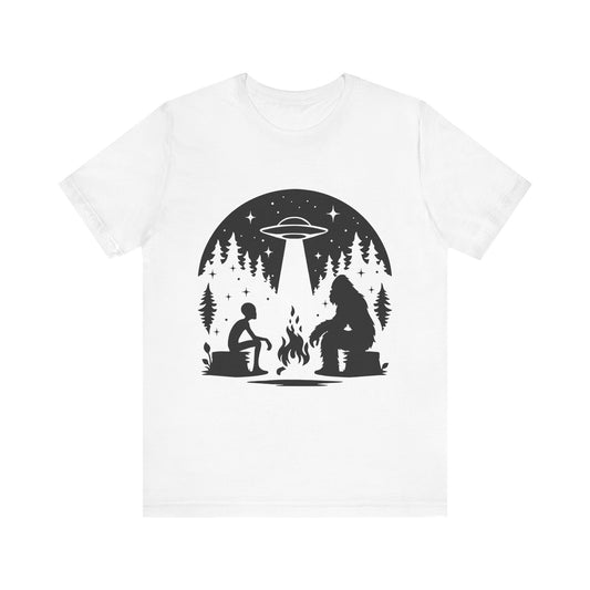 Camping Alien & Bigfoot Unisex Tee, Fun Outdoor Adventure Shirt, Gift for Nature Lovers, Unique Graphic T-Shirt, Summer Camp Outfit