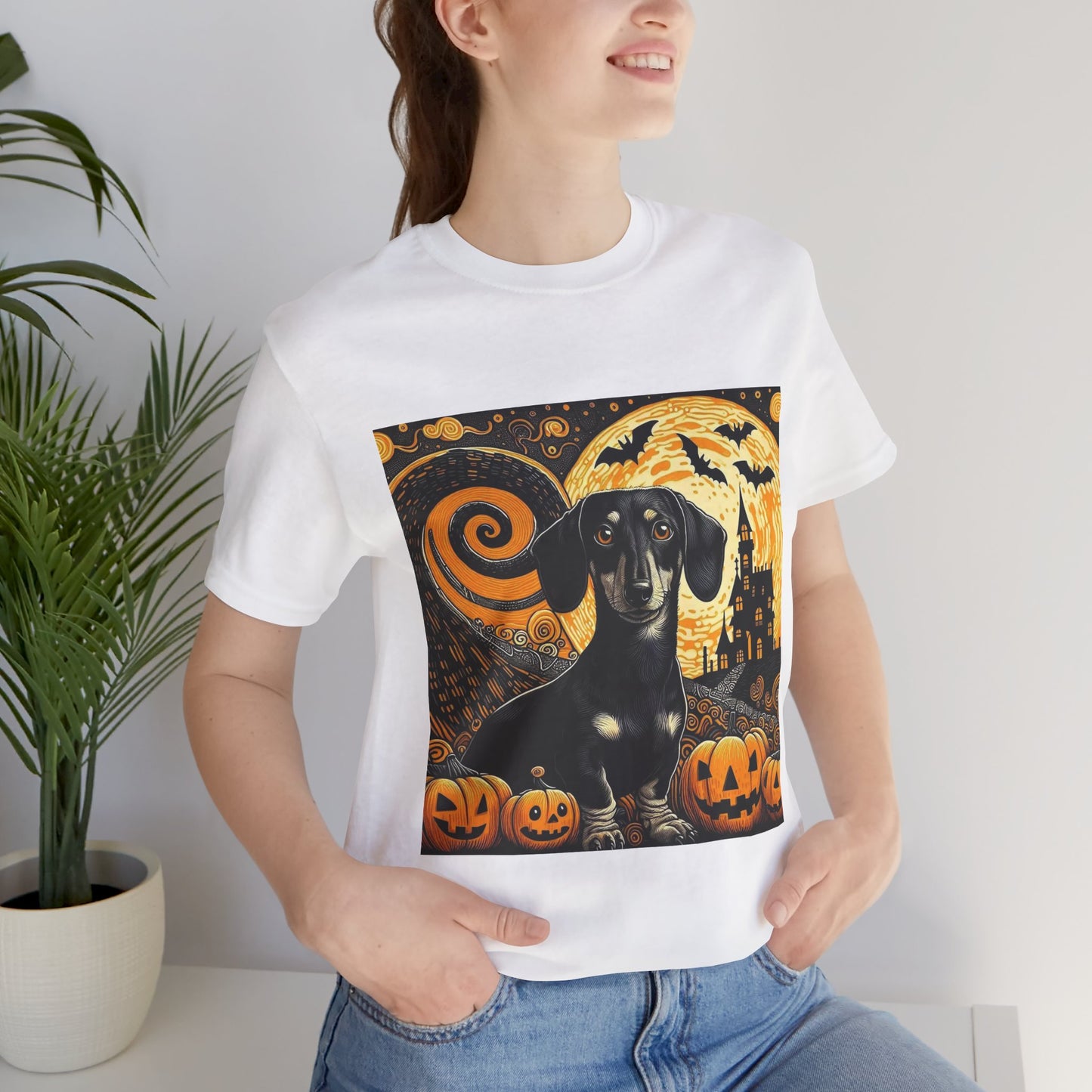 Halloween Dachshund Graphic Tee, Spooky Dog Shirt, Fall T-Shirt, Cute Pet Lover Gift, Unisex Halloween Apparel, Pumpkin Halloween Top