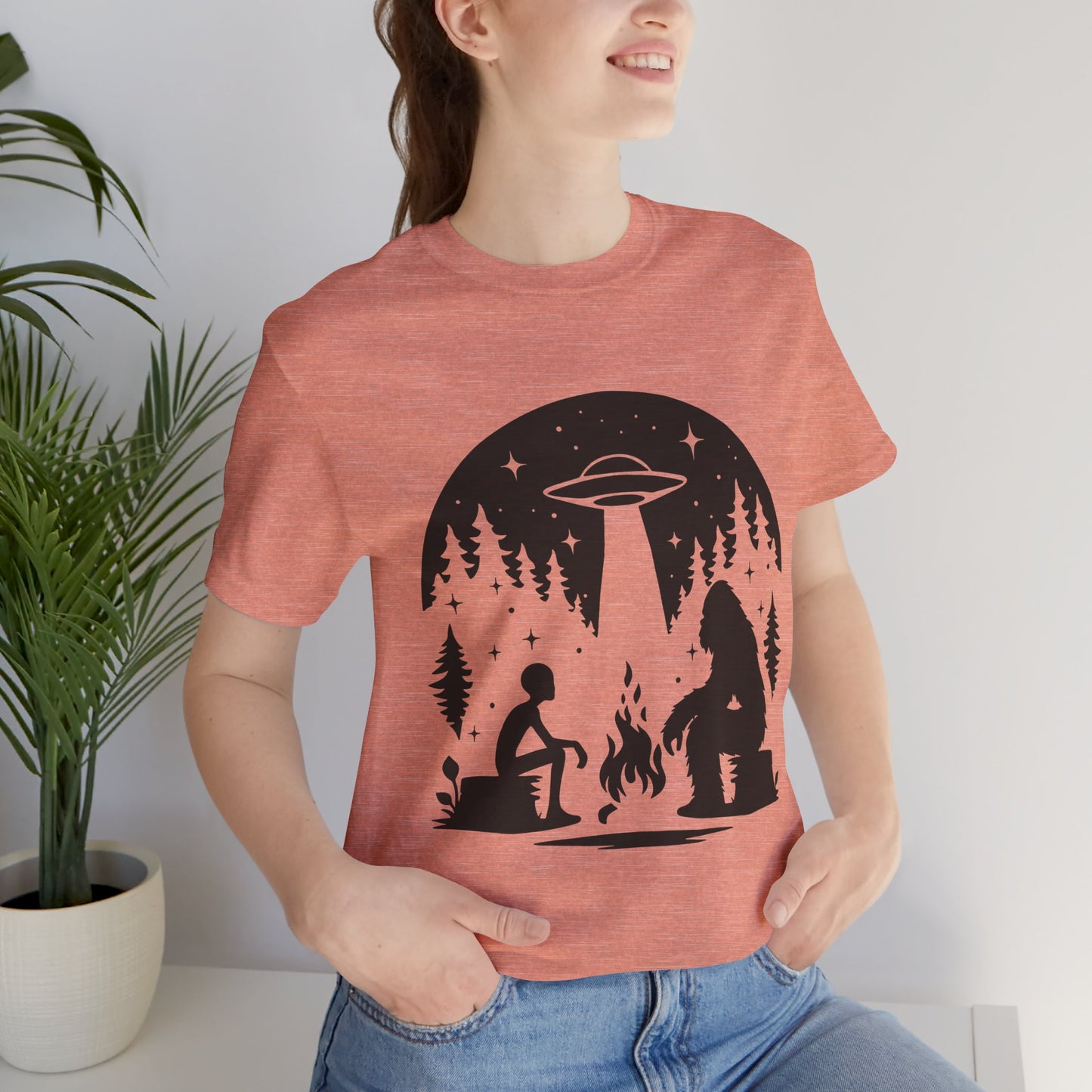 Camping Alien & Bigfoot Unisex Tee, Fun Outdoor Adventure Shirt, Gift for Nature Lovers, Unique Graphic T-Shirt, Summer Camp Outfit