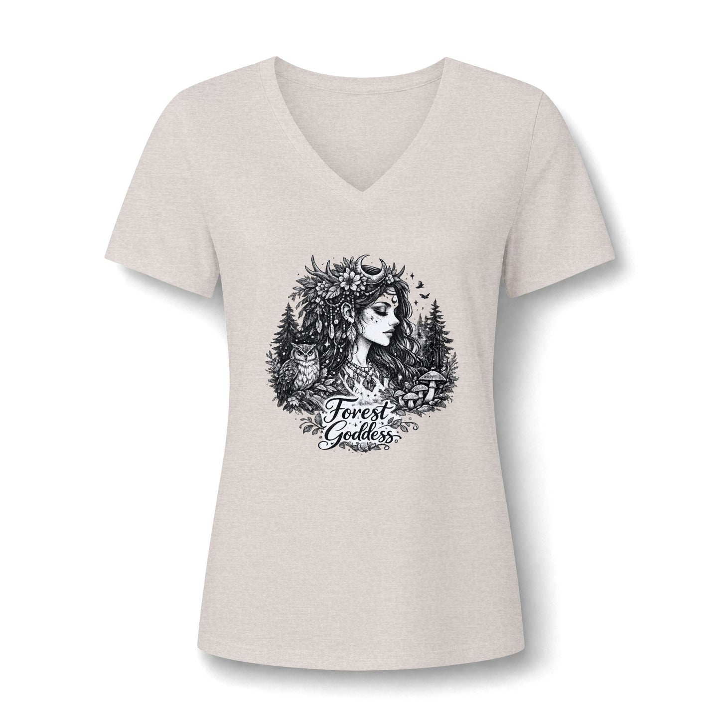 Forest Goddess V-Neck Tee — Women's Nature Spirit Graphic Shirt