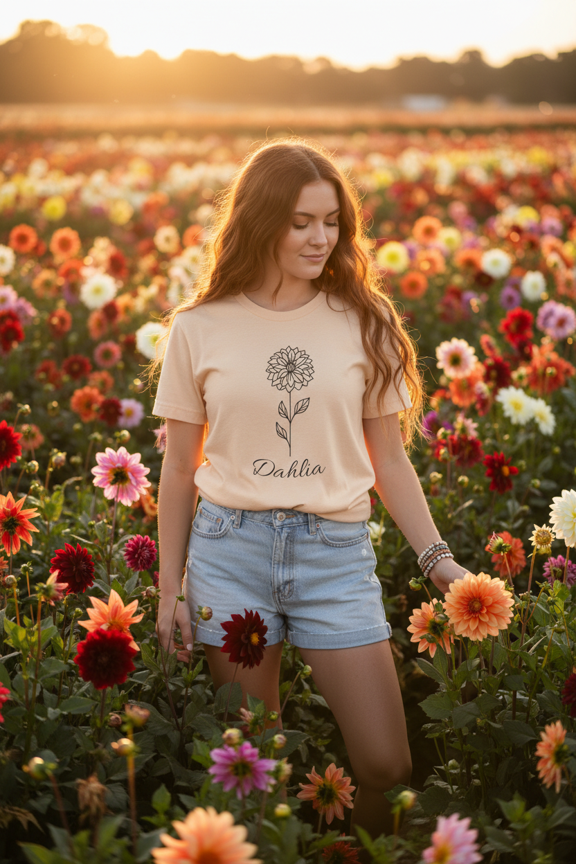 Floral Graphic Tee: Hand-Drawn Dahlia T-Shirt, Nature Lover Gift, Casual Wear, Spring Fashion, Botanical Art Style