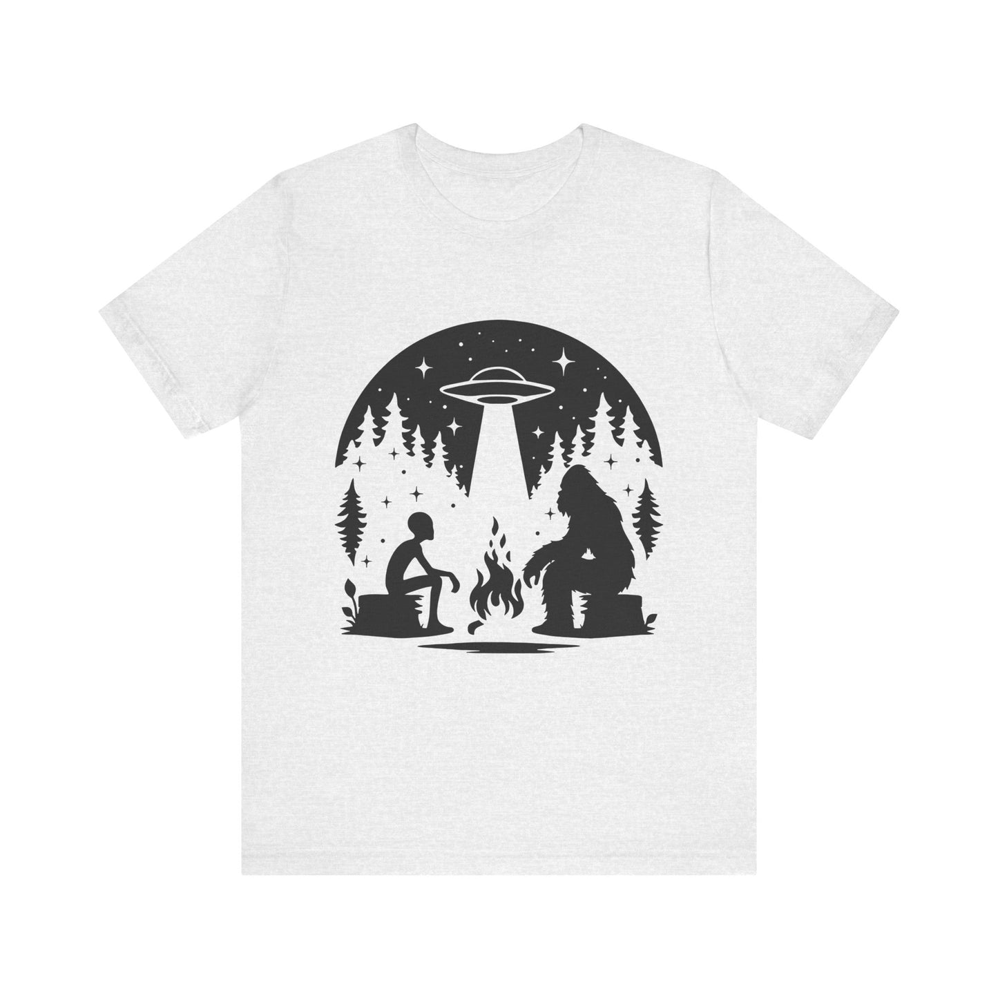 Camping Alien & Bigfoot Unisex Tee, Fun Outdoor Adventure Shirt, Gift for Nature Lovers, Unique Graphic T-Shirt, Summer Camp Outfit