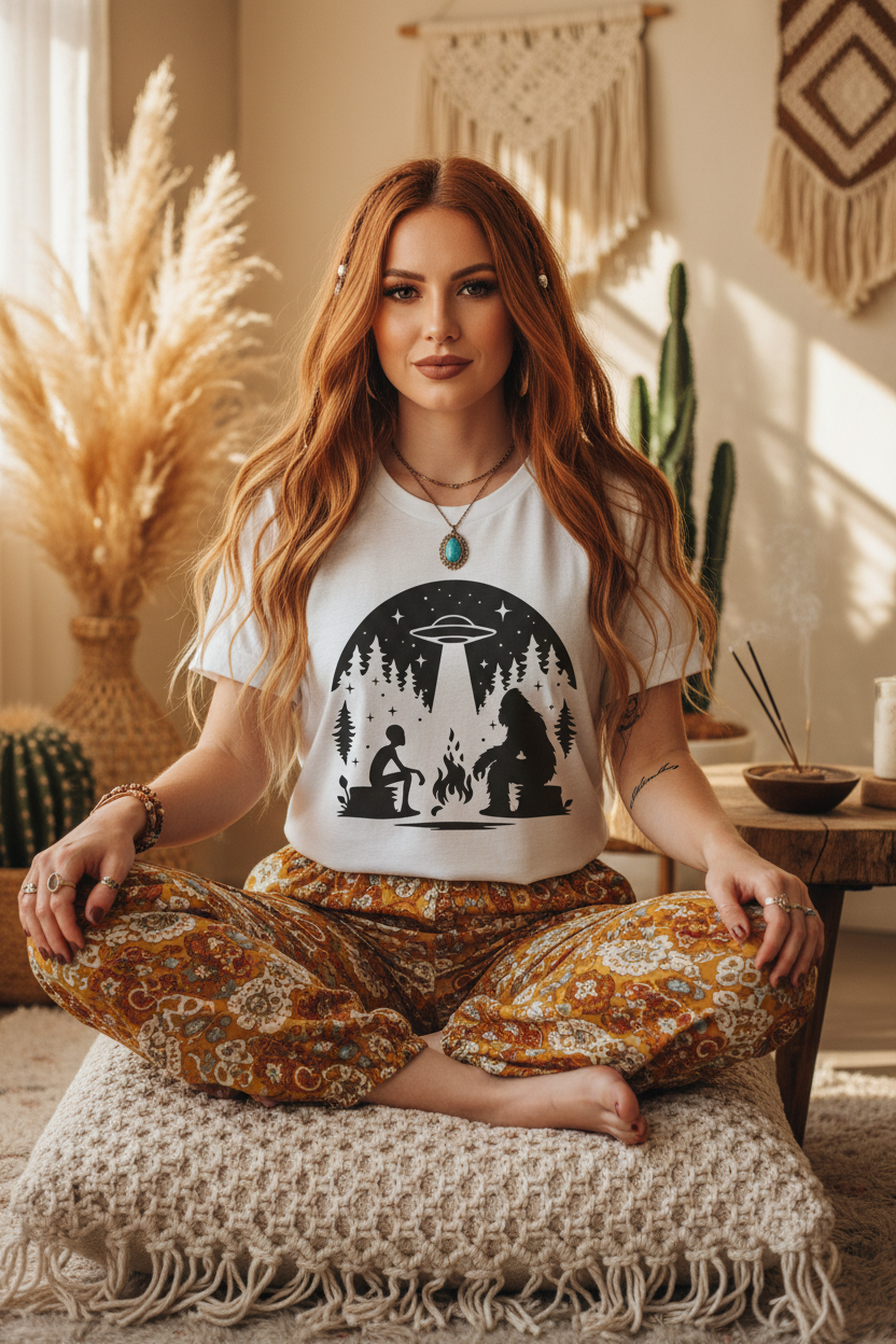 Camping Alien & Bigfoot Unisex Tee, Fun Outdoor Adventure Shirt, Gift for Nature Lovers, Unique Graphic T-Shirt, Summer Camp Outfit