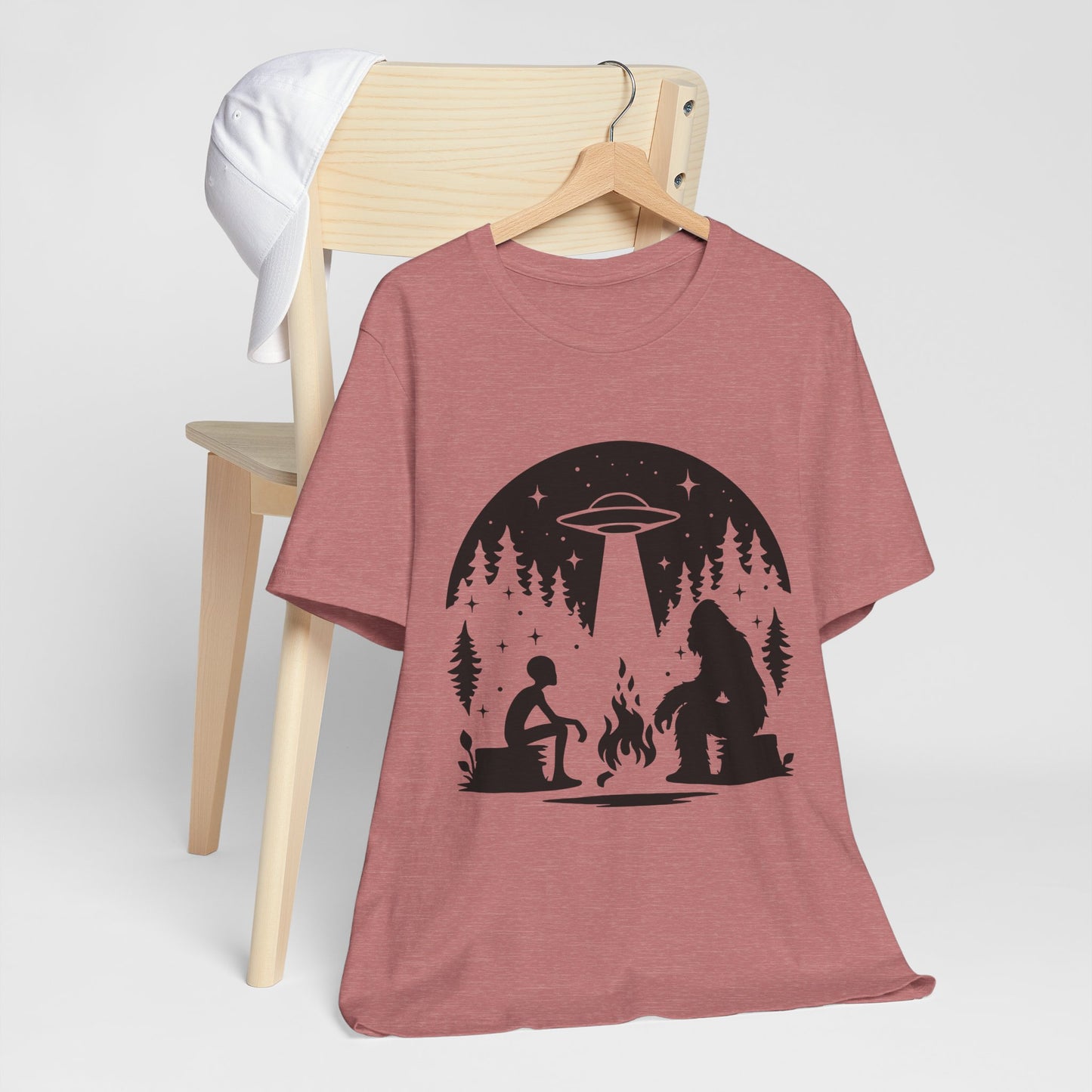 Camping Alien & Bigfoot Unisex Tee, Fun Outdoor Adventure Shirt, Gift for Nature Lovers, Unique Graphic T-Shirt, Summer Camp Outfit