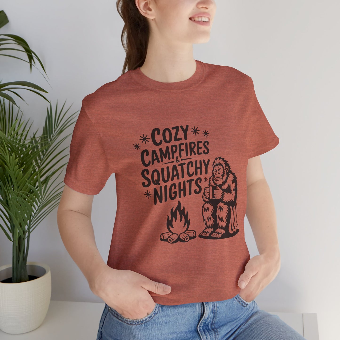 Cozy Campfires Squatchy Nights T-Shirt, Unisex Tee for Campers, Outdoor Adventures, Gifts for Nature Lovers, Summer BBQs, Funny Camping Tee