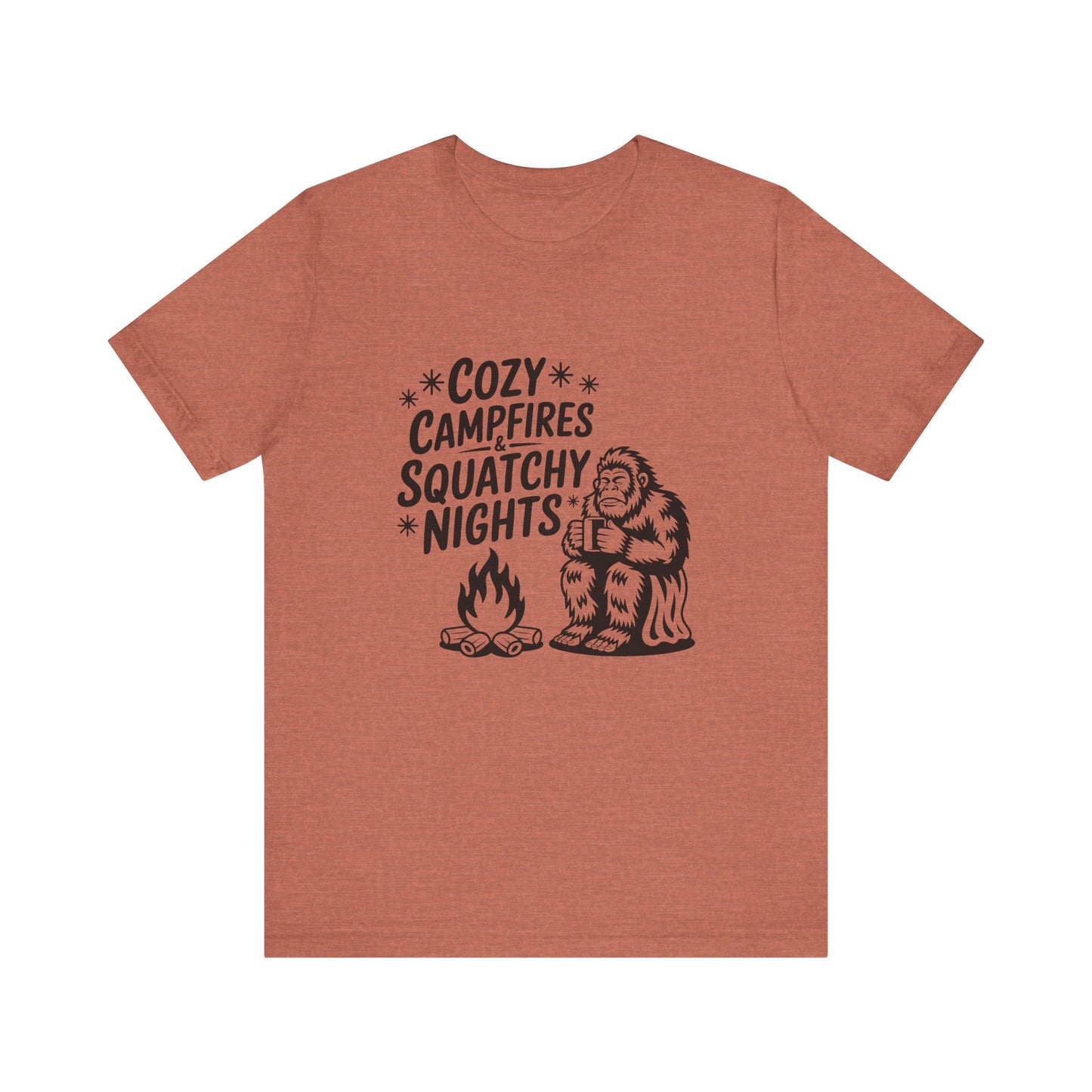 Cozy Campfires Squatchy Nights T-Shirt, Unisex Tee for Campers, Outdoor Adventures, Gifts for Nature Lovers, Summer BBQs, Funny Camping Tee