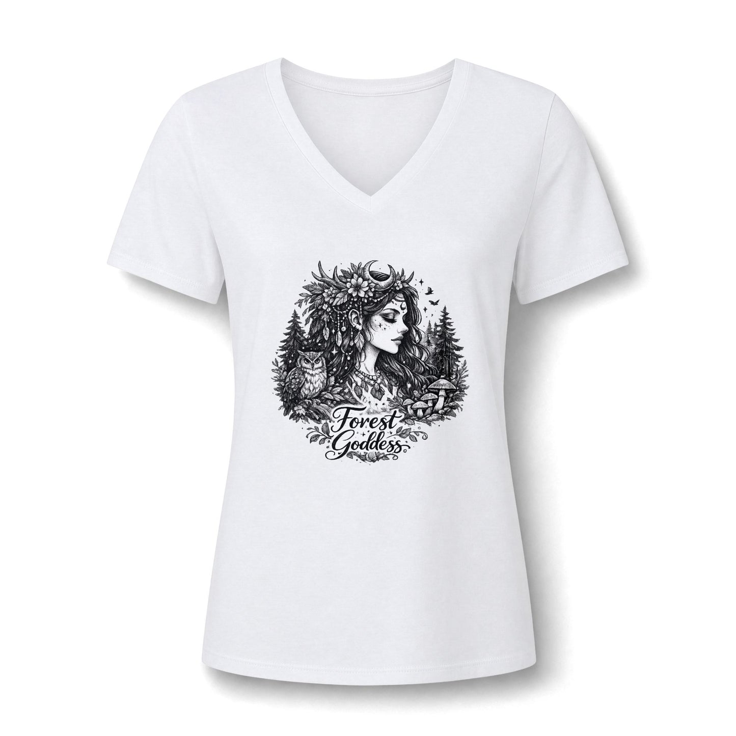 Forest Goddess V-Neck Tee — Women's Nature Spirit Graphic Shirt