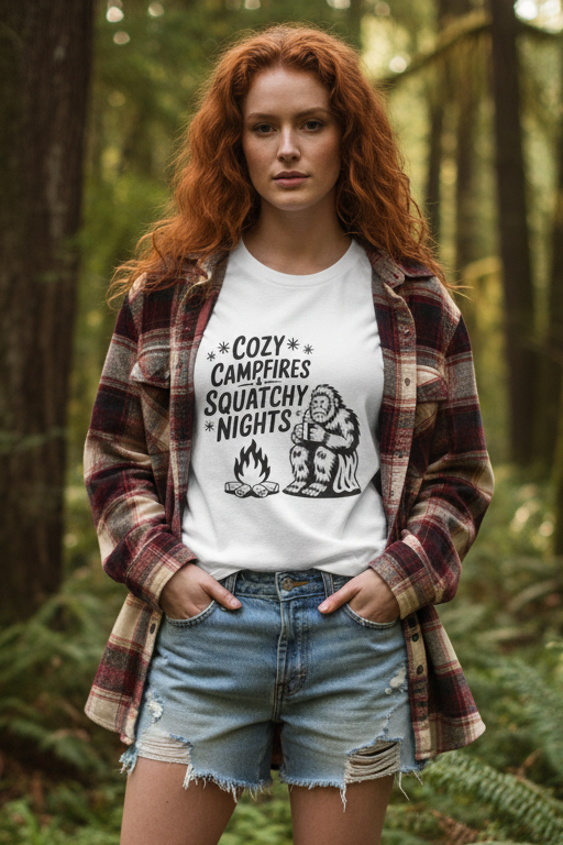 Cozy Campfires Squatchy Nights T-Shirt, Unisex Tee for Campers, Outdoor Adventures, Gifts for Nature Lovers, Summer BBQs, Funny Camping Tee