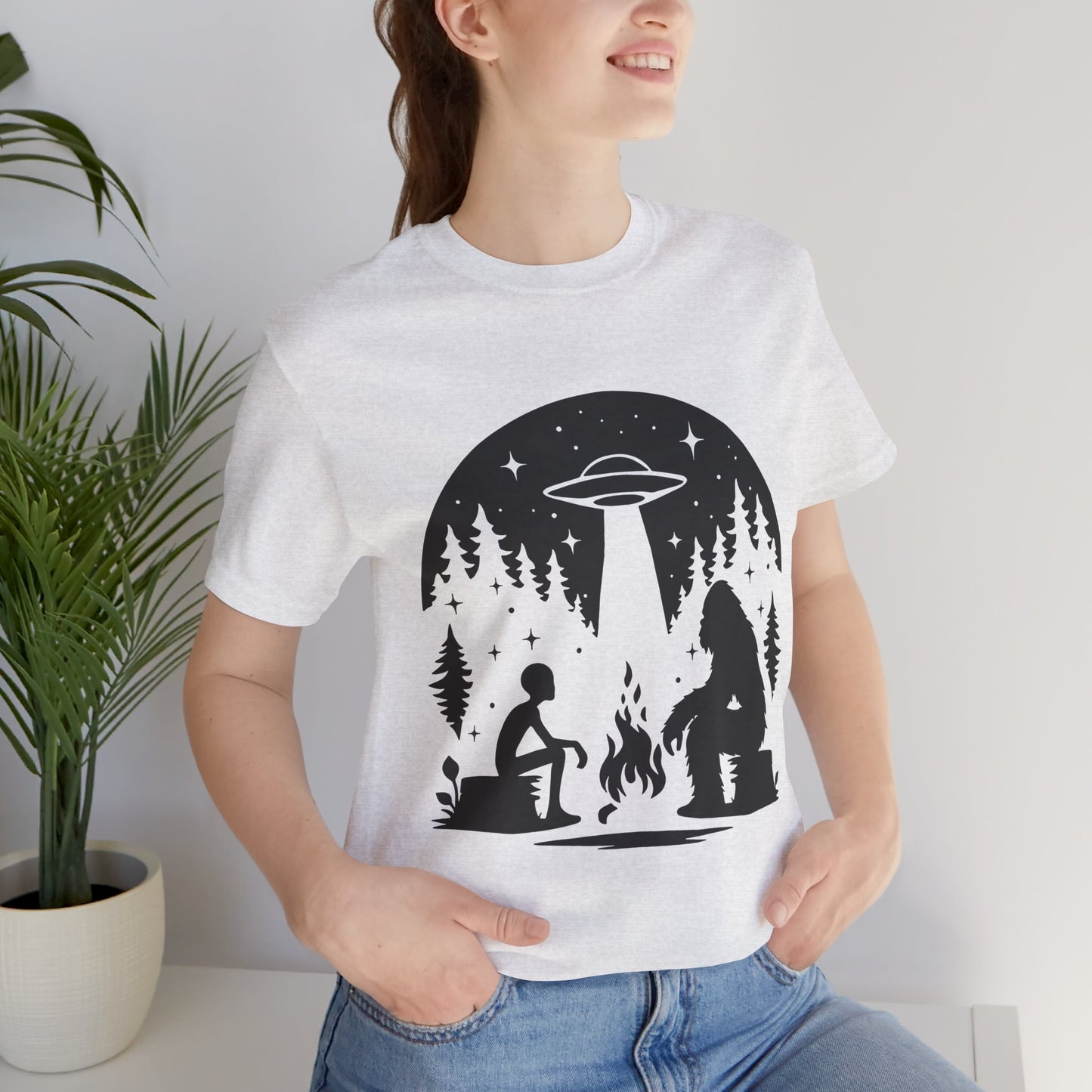 Camping Alien & Bigfoot Unisex Tee, Fun Outdoor Adventure Shirt, Gift for Nature Lovers, Unique Graphic T-Shirt, Summer Camp Outfit