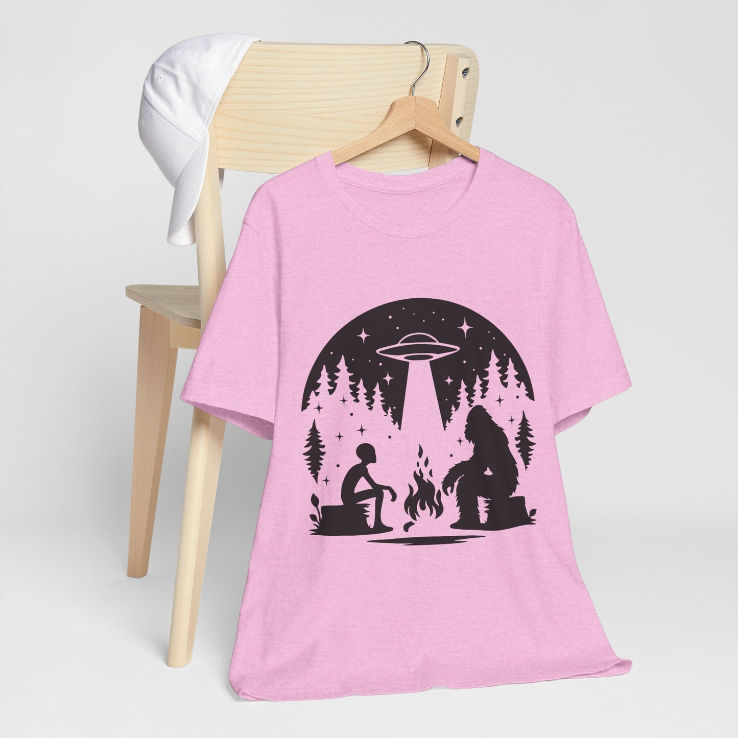Camping Alien & Bigfoot Unisex Tee, Fun Outdoor Adventure Shirt, Gift for Nature Lovers, Unique Graphic T-Shirt, Summer Camp Outfit