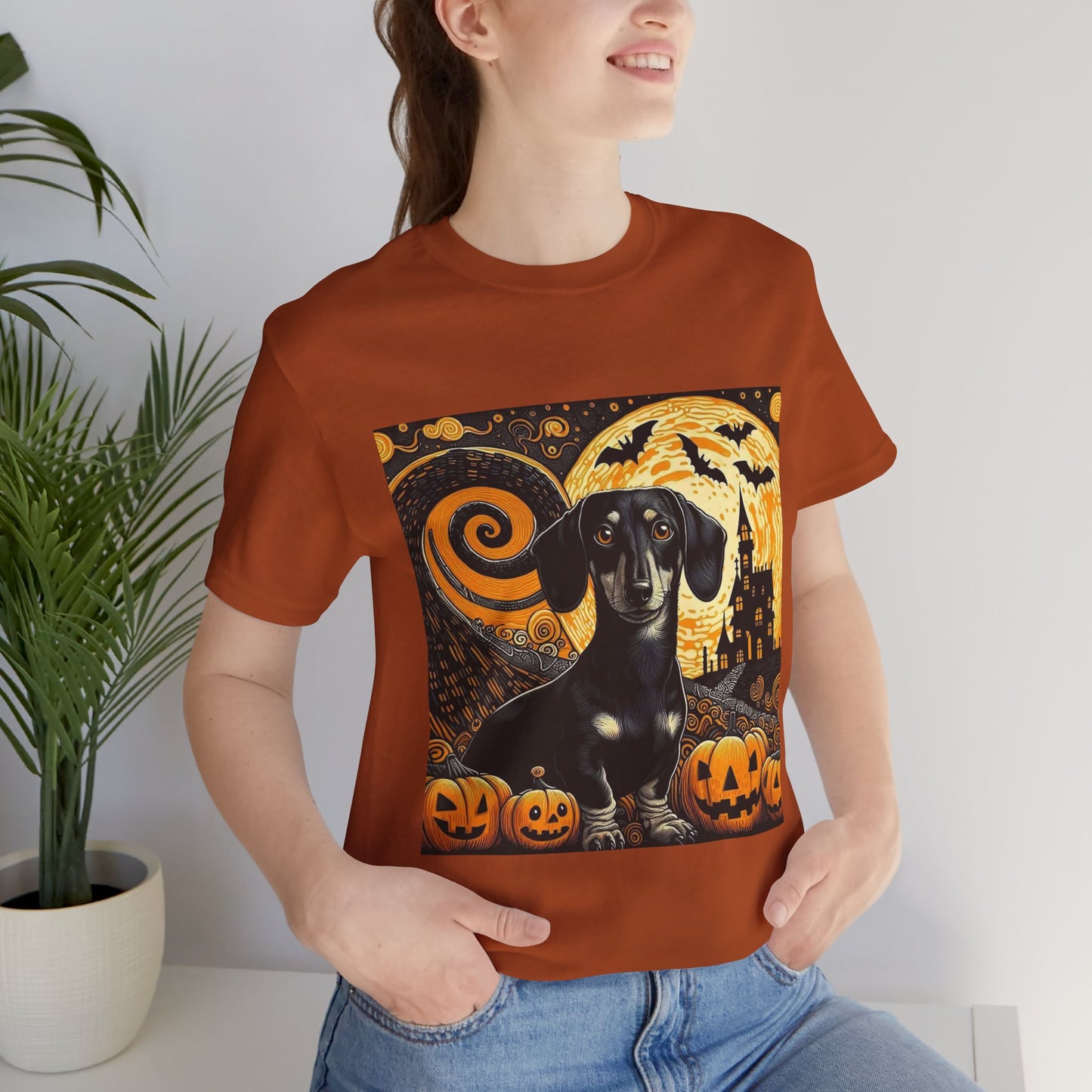 Halloween Dachshund Graphic Tee, Spooky Dog Shirt, Fall T-Shirt, Cute Pet Lover Gift, Unisex Halloween Apparel, Pumpkin Halloween Top