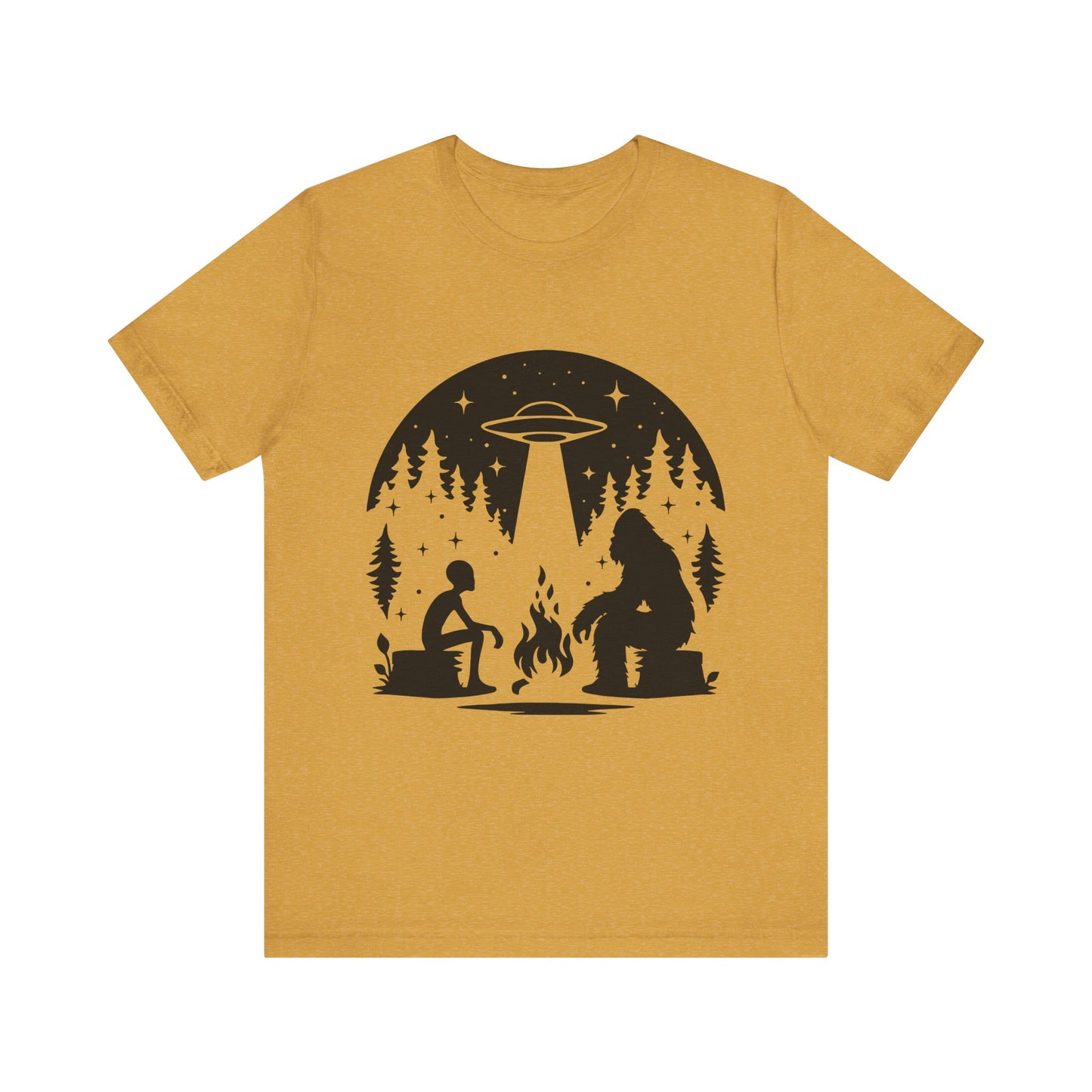 Camping Alien & Bigfoot Unisex Tee, Fun Outdoor Adventure Shirt, Gift for Nature Lovers, Unique Graphic T-Shirt, Summer Camp Outfit