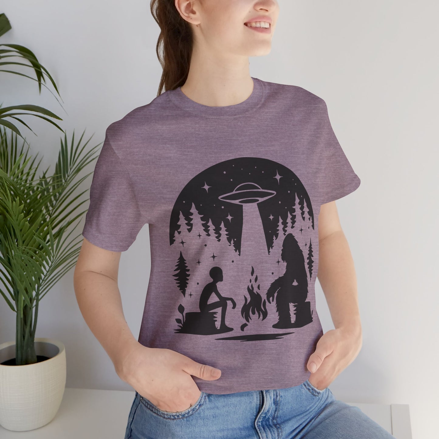 Camping Alien & Bigfoot Unisex Tee, Fun Outdoor Adventure Shirt, Gift for Nature Lovers, Unique Graphic T-Shirt, Summer Camp Outfit
