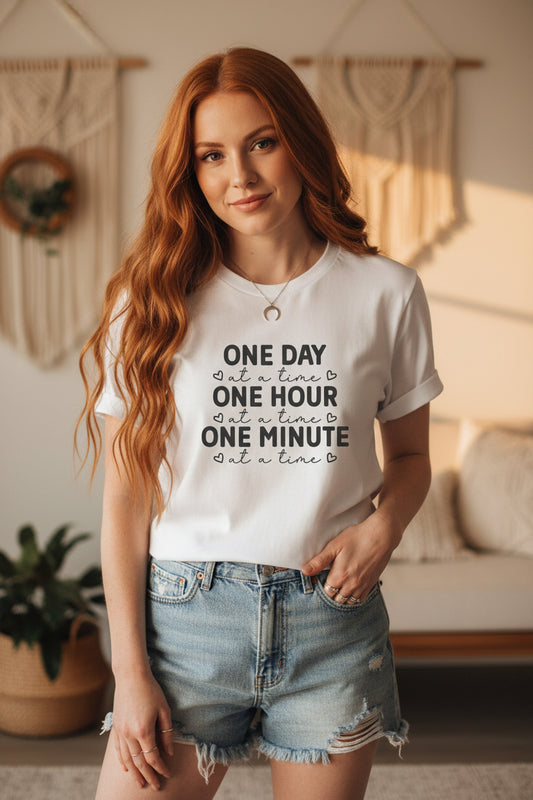 Inspirational Quote Tee - One Day at a Time Tee for Mindfulness, Self-Care, Motivational Gift, Unisex T-Shirt, Relaxed Fit - Harmonyandsage