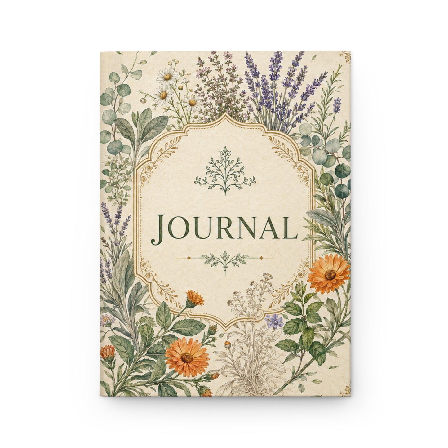 Botanical Floral Hardcover Journal — 'Journal' Vintage Herb Garden Notebook