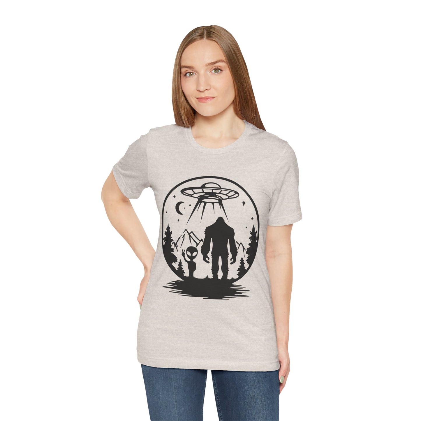 Mystical Bigfoot & Alien Tee - Unisex Jersey Shirt for Adventure Lovers, Nature T-Shirt, Gift for UFO Enthusiasts, Outdoorsy Style
