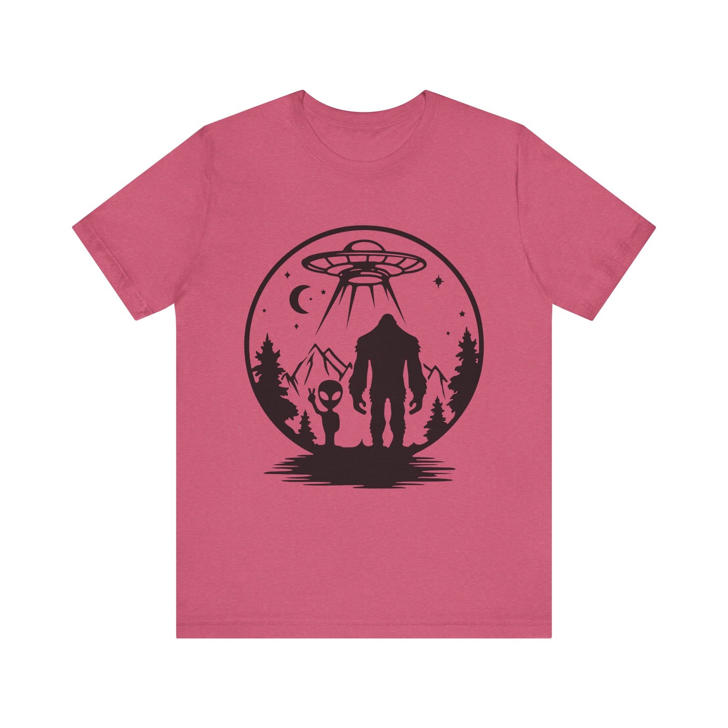 Mystical Bigfoot & Alien Tee - Unisex Jersey Shirt for Adventure Lovers, Nature T-Shirt, Gift for UFO Enthusiasts, Outdoorsy Style