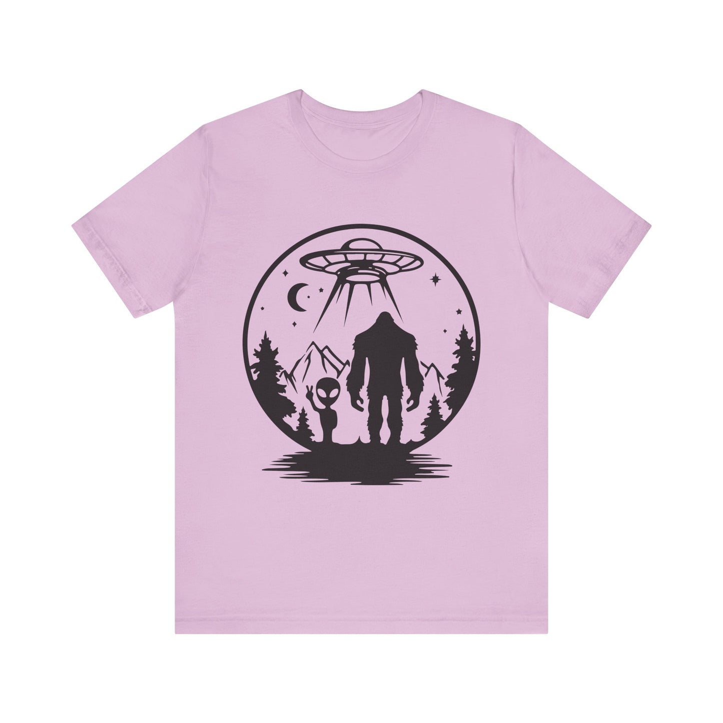 Mystical Bigfoot & Alien Tee - Unisex Jersey Shirt for Adventure Lovers, Nature T-Shirt, Gift for UFO Enthusiasts, Outdoorsy Style